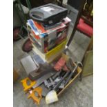 A mixed lot of tools to include wood working planes, bench grinder and other items