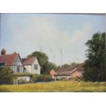 Clive Magwick - a village green scene with houses, oil on canvas, signed and dated 1976 lower