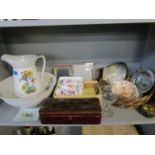 A mixed lot to include a miniature china teaset, Japanese lacquered box, wash jug and bowl and other