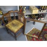A 19th century oak corner splat back chair on tapering legs and united stretchers, together with a