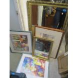Mixed prints and mirrors to include a Lowry print, two still life prints and two gilt framed mirrors