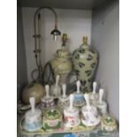 A mixed lot to include three table lamps, Noritake dressing table set and mixed Hammersley bells