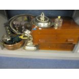 A mixed lot of mainly metalware to include a knife sharpener, large silver plated tray, silver