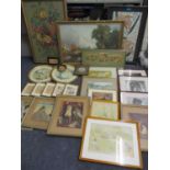 Mixed pictures, mostly prints, together with a still life tapestry and mounted oriental silk cards