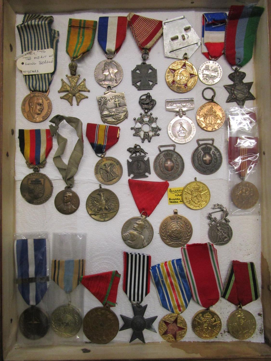 A selection of mainly military European and other countries medals to include a Bulgarian WW1 war