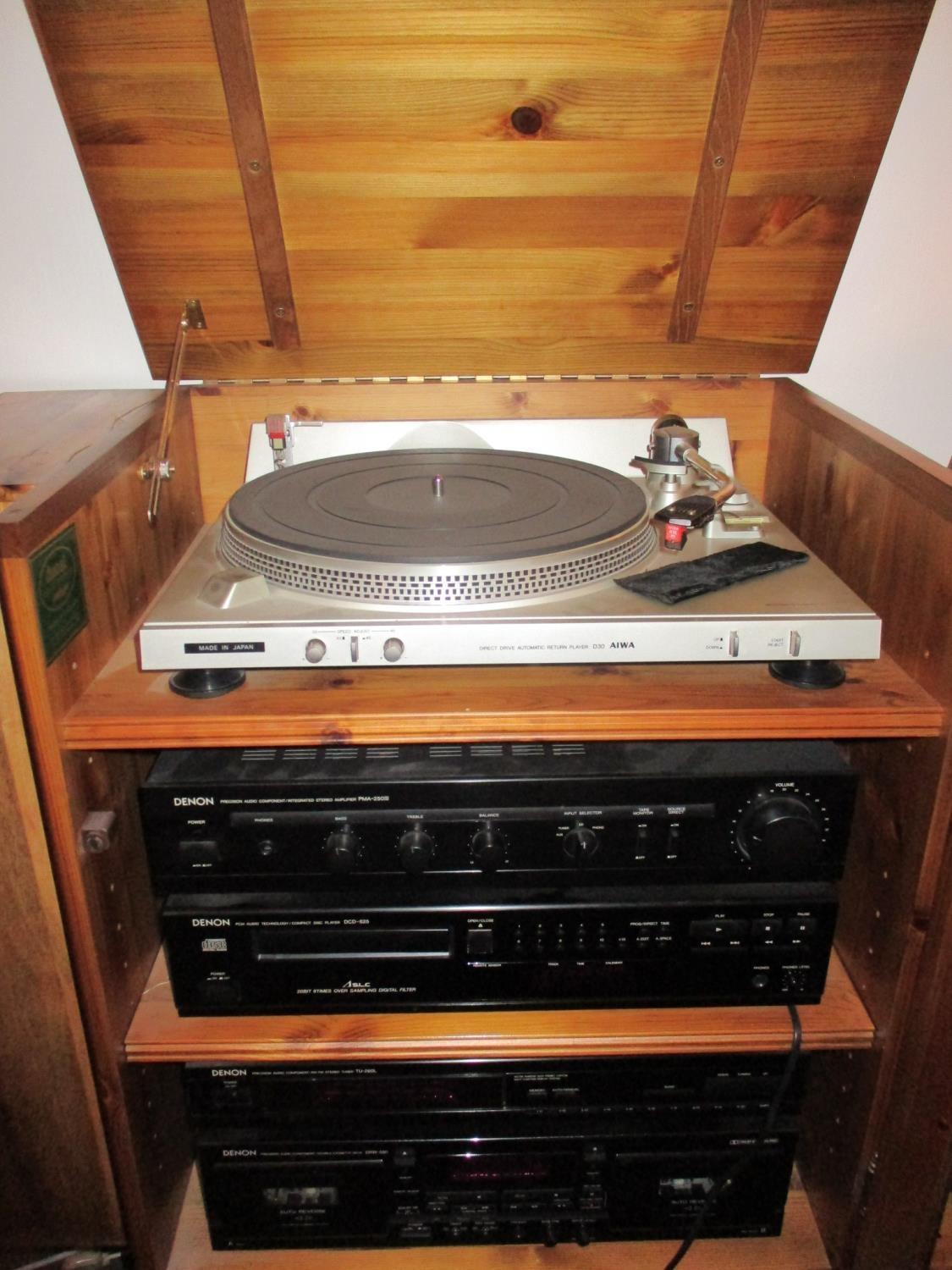 A Denon stacking hi-fi with Aiwa direct drive turn table, amplifier, CD player and cassette deck