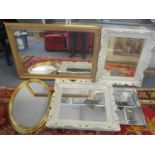 Five mixed mirrors to include a gilt framed wall hanging mirror having bevelled glass