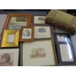 A quantity of picture frames, together with a small elm framed footstool and prints to include a pig