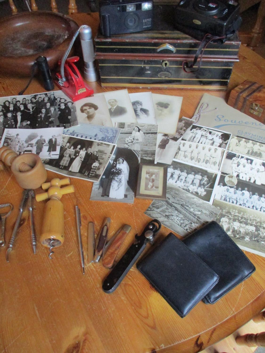 Mid 20th century cricket team photographs and others, pen knives, bottle openers, two wallets, mixed