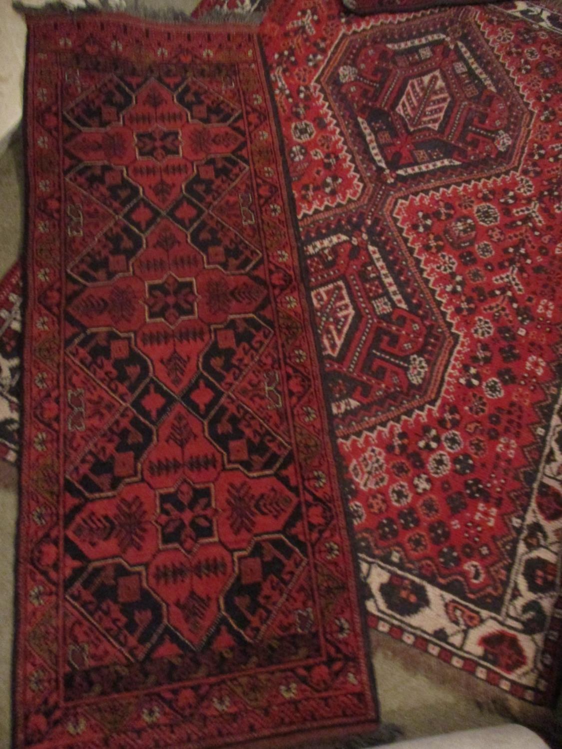 A Turkish red ground gull decorated rug with a small Bokhara prayer mat with red ground and barbers? - Image 3 of 4