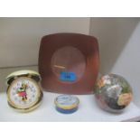 A Wedgwood leather photo frame, together with a Halcyon Days pillbox with a scene of the Thames at