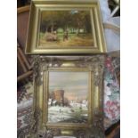 Kaiser -a Dutch winter lake scene with ice skaters, oil on board, in a gilt frame and a late 19th