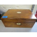 Victorian rosewood box with mother of pearl inlay and escutcheon, with a Victorian glass picture