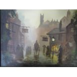 Singer Jones (Don Hughes) St Ives -a Dickensian town street scene with figures and a horse drawn