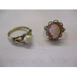 Two 9ct gold rings comprising a cameo ring and a pearl ring, total weight 6.3g
