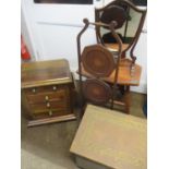 Small furniture to include an Edwardian inlaid mahogany, three tier oak stand and a swing mirror and