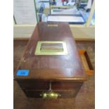 A Victorian mahogany cash register with brass handle and keys