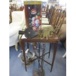 An Edwardian inlaid mahogany and galleried occasional table A/F, mixed fireside items, a pair of mid