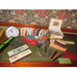 Stationery and desk items to include Parker pens, clocks and playing cards, together with Reeves &