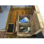 Two treen boxes and a quantity of glass and pottery bottles