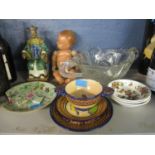 Chinese ceramics and glass to include a seated figurine, a Quimper bowl, saucer and a plate, a doll,