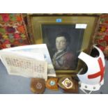 Military and rowing related items to include shield shaped wall plaques, an ornamental St George's