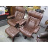 A pair of brown leather swivel armchairs and one matching footstool