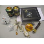 A mixed lot to include a Swarovski Universe brooch, two Swarovski snowmen figures, watches to