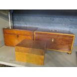 Three mixed boxes to include an early 19th century mahogany and box wood inlaid tea caddy