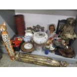 A mixed lot to include dolls, gilt metal photo frames, Junghans dial clock, stick stand, Burago cars