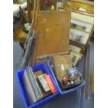 A mixed lot of mainly artists related items to include easels, paint brushes mixed oil paintings and