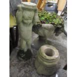 Mixed stoneware garden ornaments to include a planter raised on a square base