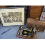 A WW1 dagger, a Singer sewing machine serial number 12518884 and a print entitled Entry of Charles V