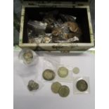 A box of various British coinage to include Victorian half-crowns 1891 and 1896, Edwardian silver