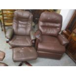 A brown leather electric reclining armchair, together with a brown leather armchair and a footstool
