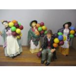 Royal Doulton The Balloon Man HN 1954, Biddy Penny Farthing, HN 1843, Balloon Lady HN 2935 and The