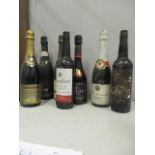 Seven bottles to include a bottle of Excedente, light dry fortified wine, Spain, Untromar, port