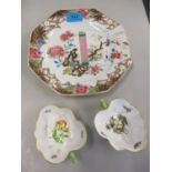 An 18th century Chinese plate A/F and a pair of Herend dishes in the shape of a leaf