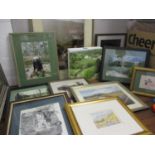 A quantity of framed photographs and prints together with a modern cross stitch Mother's Day mounted