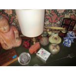 A red resin Buddha, Crown Staffordshire, a Betacom vintage telephone, a brass lamp and other items