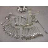 Silver plated teaspoons, forks and salad servers, along with two sets of three silver coffee spoons