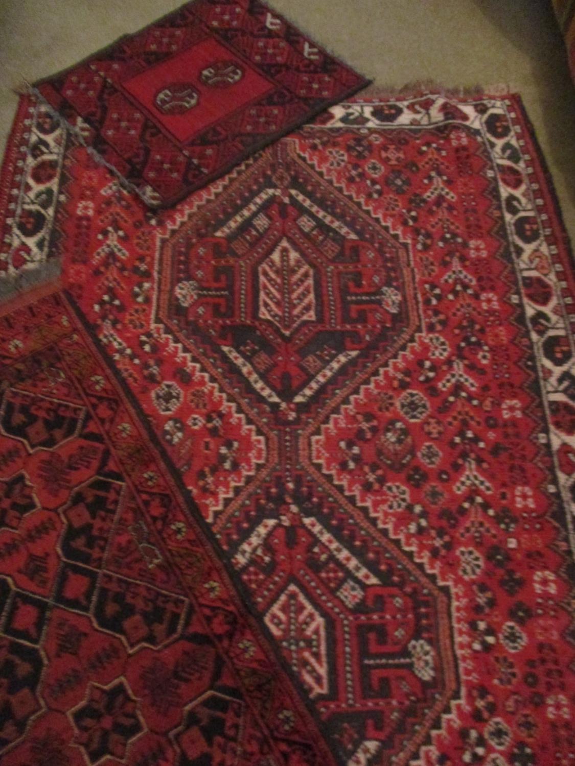 A Turkish red ground gull decorated rug with a small Bokhara prayer mat with red ground and barbers? - Image 4 of 4