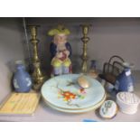 A mixed lot to include two Grainger Worcester painted plates, 19th century Toby jug, Wedgwood vases,