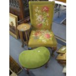 An early 20th century tapestry upholstered high back chair, together with a kidney shaped stool