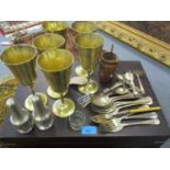 Mixed metalware to include brass wine goblets, a canteen of cutlery and Norwegian pewter salt and