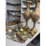 A pair of Indian painted brass vases and mixed metalware