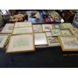 A quantity of framed and glazed prints and embroideries to include two Chinese silk embroideries (