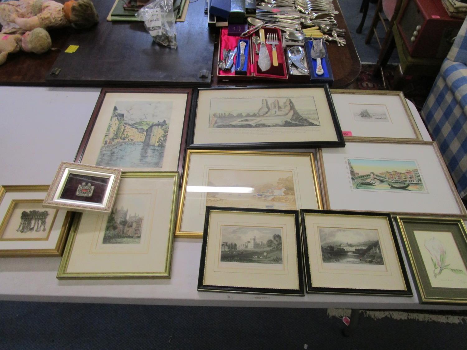 A quantity of framed and glazed engravings, watercolours, limited edition prints, and two white