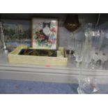 Mixed glassware, a Victorian reverse print on glass depicting a religious scene A/F, two cross