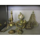 A Capodimonte style ceiling light and mixed metalware A/F